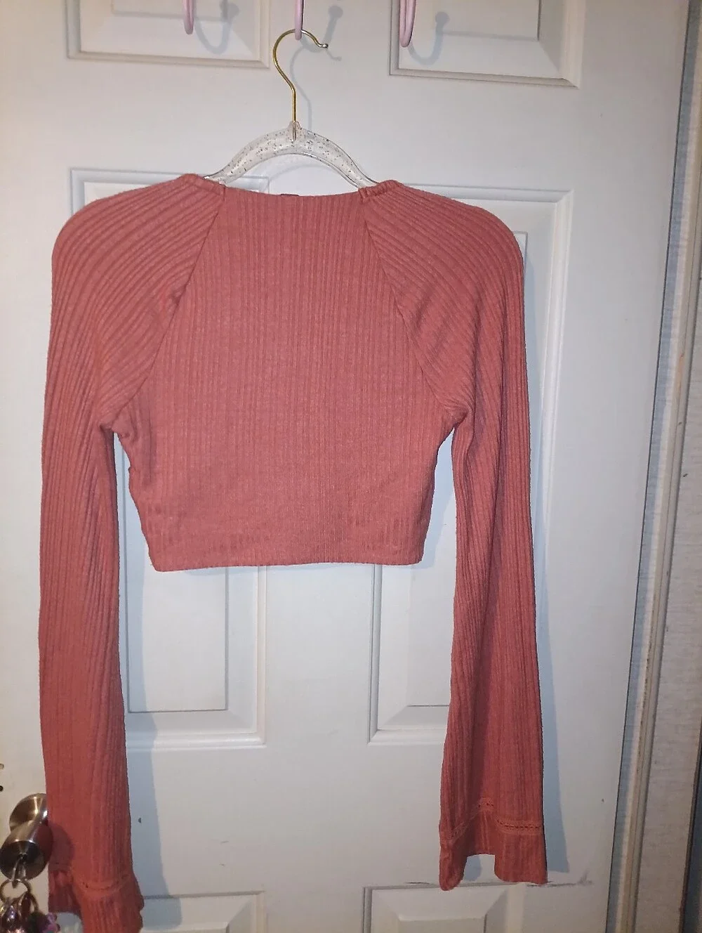 Free People Ribbed Long-Sleeve Crop Top\bell Sleeves\ Rose Rust Small